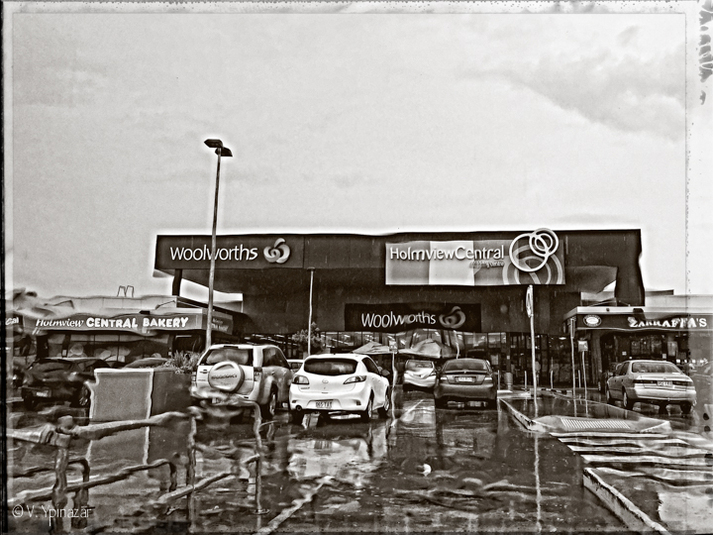 black and white, shopping centre, car park, gray, raining, rain,